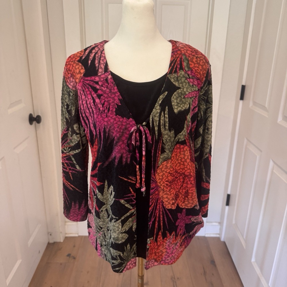 Vtg Y2k Size S Slinky Top Tropical Floral Tie Front Hippie Style Boho Blouse